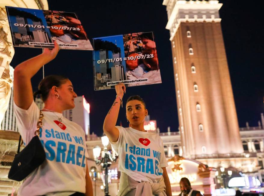 Pro Israel supporters gather outside the Venetian on Sunday, Oct. 8, 2023, in Las Vegas. (Danie ...