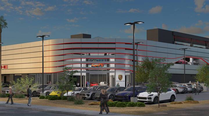 An artist's rendering shows the Porsche Center Henderson dealership that will open in fall 2025 ...