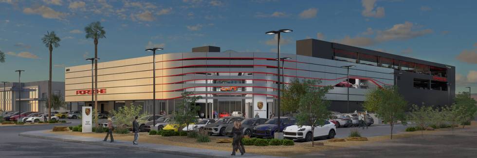 An artist's rendering shows the Porsche Center Henderson dealership that will open in fall 2025 ...