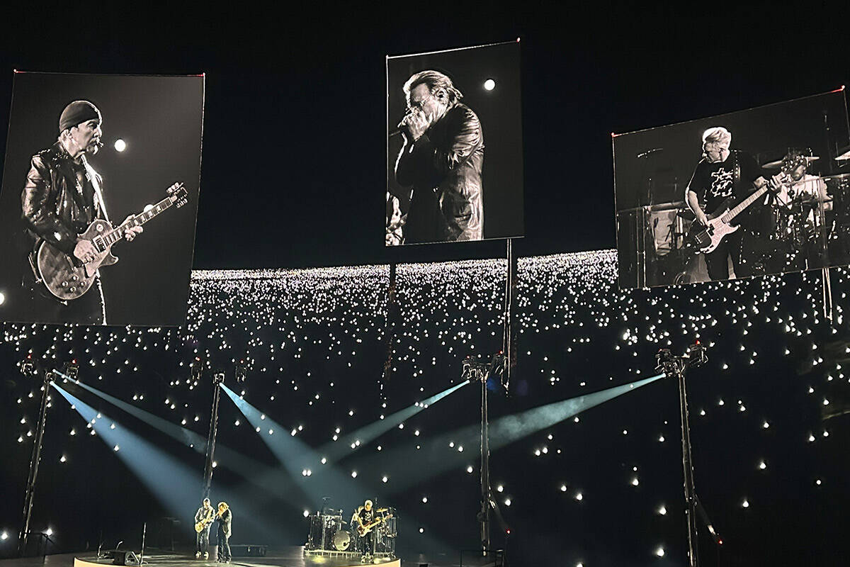 U2 is shown during the premiere of "U2 UV: Achtung Baby" at the Sphere on Friday, Sept. 29, 202 ...