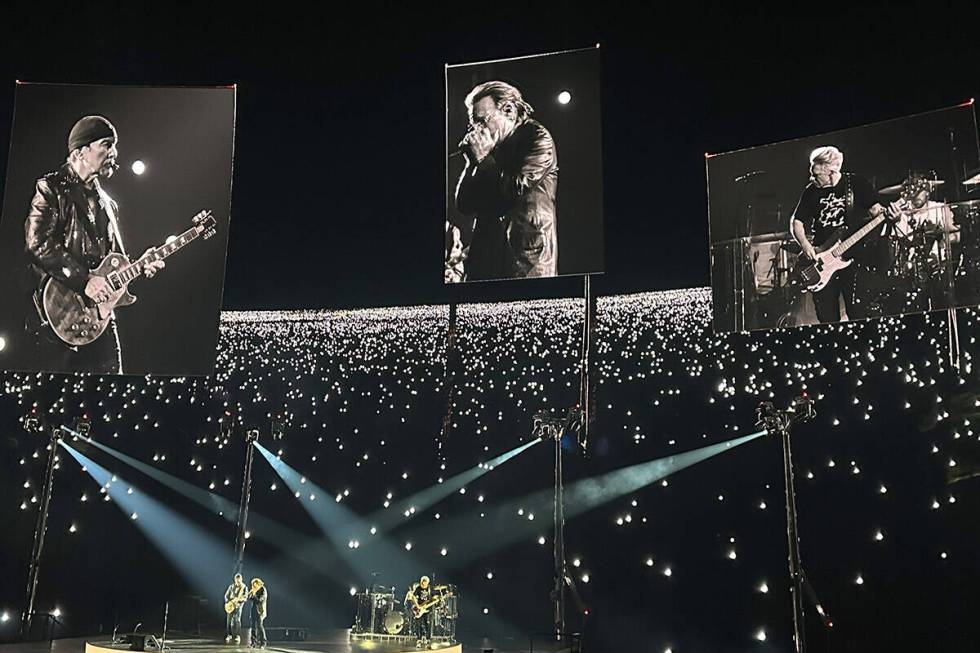 U2 is shown during the premiere of "U2 UV: Achtung Baby" at the Sphere on Friday, Sept. 29, 202 ...