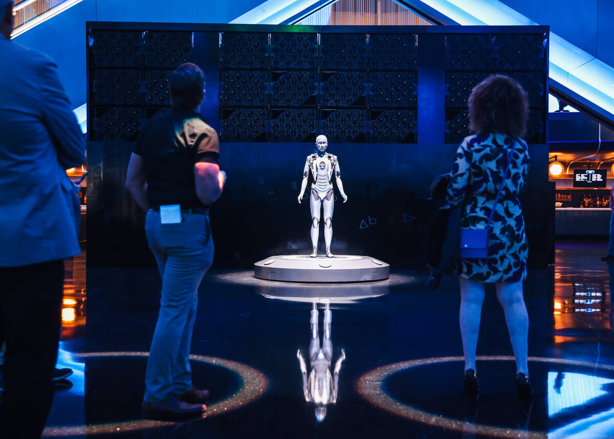 Members of the media check out the atrium inside The Sphere in Las Vegas, Thursday, Sept. 28, 2 ...