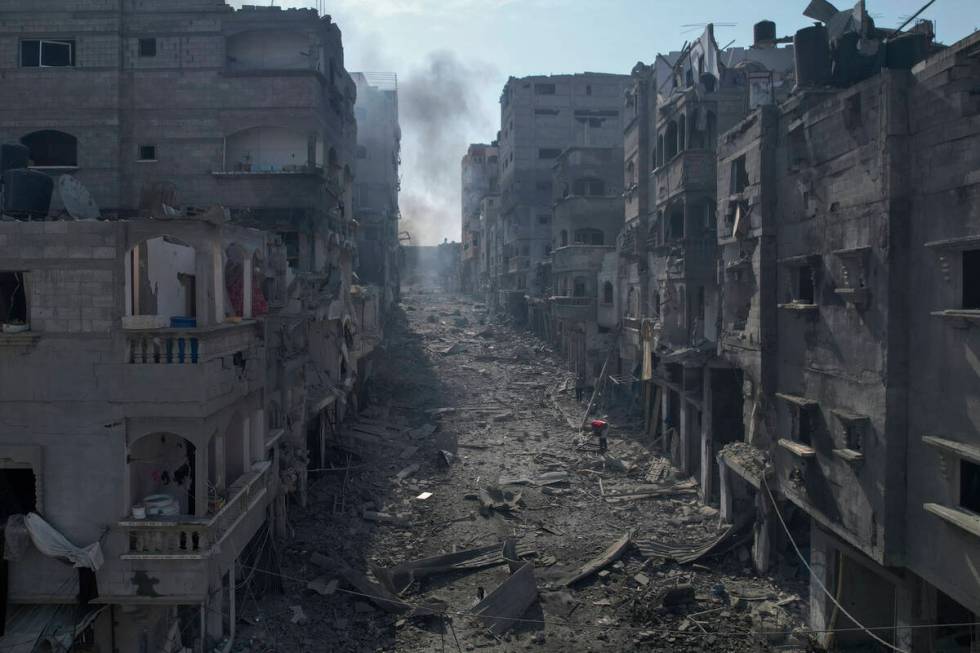 A view of the rubble of buildings hit by an Israeli airstrike, in Jabalia, Gaza strip, Wednesda ...