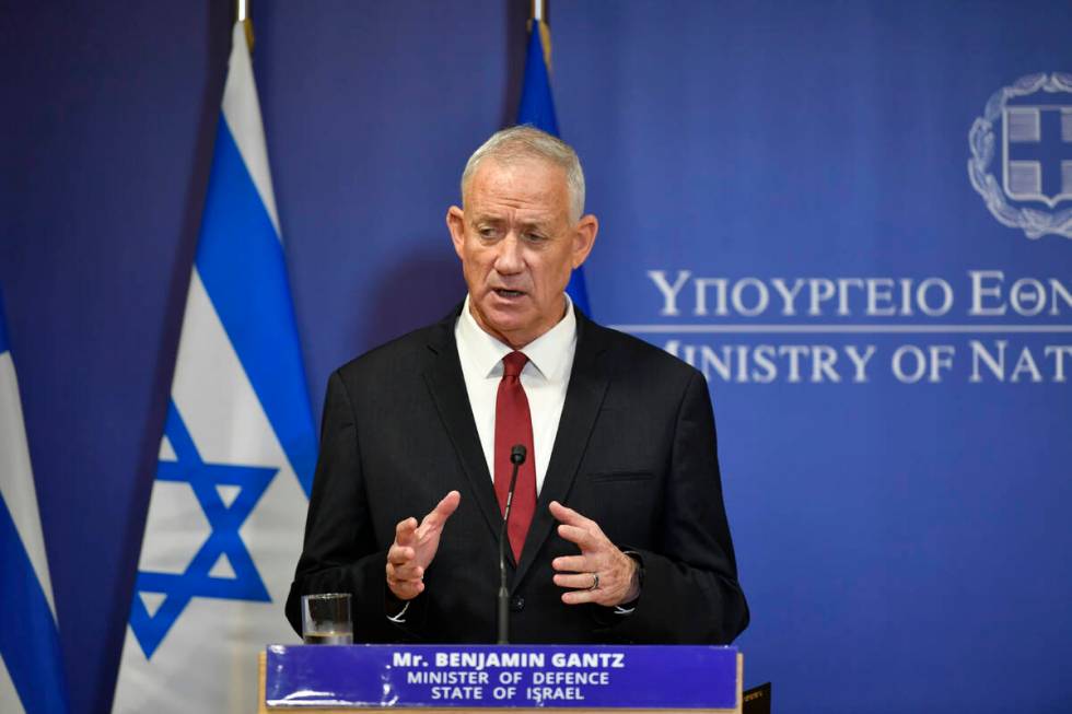 Then-Israeli Defense Minister Benny Gantz speaks during a press conference at the Greek Ministr ...