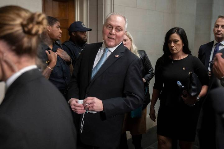 House Majority Leader Steve Scalise of La., speaks to reporters as he arrives for a meeting of ...