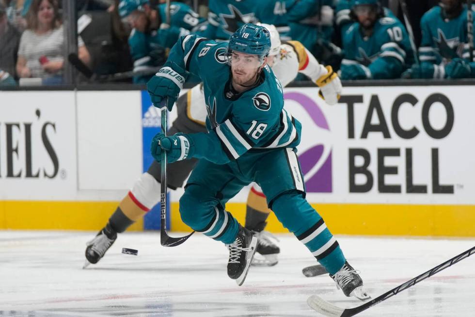 San Jose Sharks right wing Filip Zadina (18) passes the puck during the first period of the tea ...