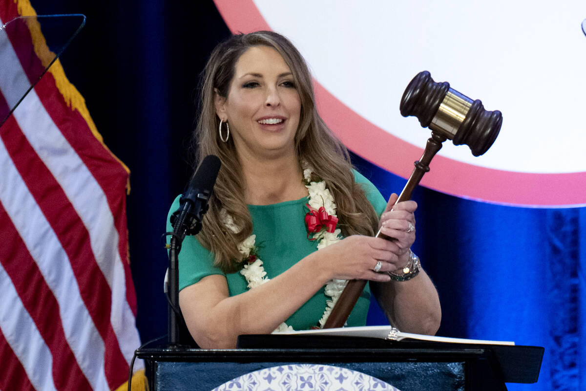 FILE - Re-elected Republican National Committee Chair Ronna McDaniel holds a gavel while speaki ...