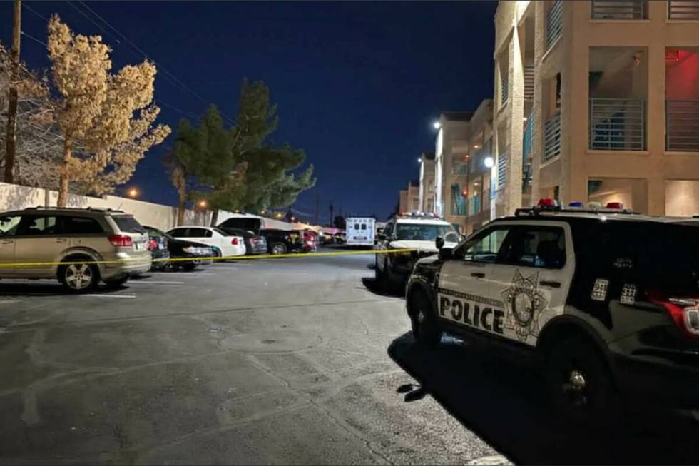 Police investigate the scene of a homicide on the 5300 block of Boulder Highway on Tuesday, Mar ...