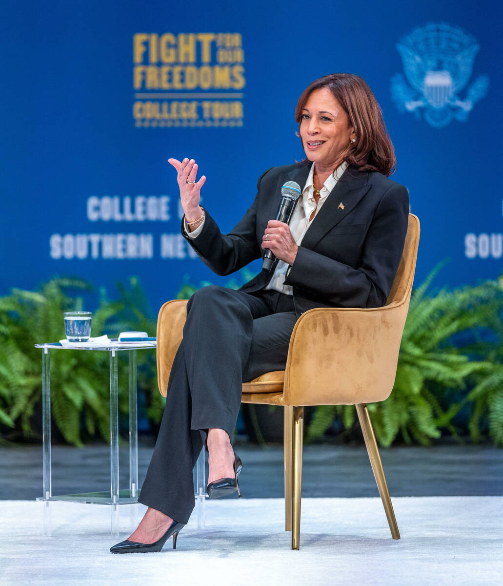 Vice President Kamala Harris speaks during her “Fight for Our Freedoms" College Tou ...