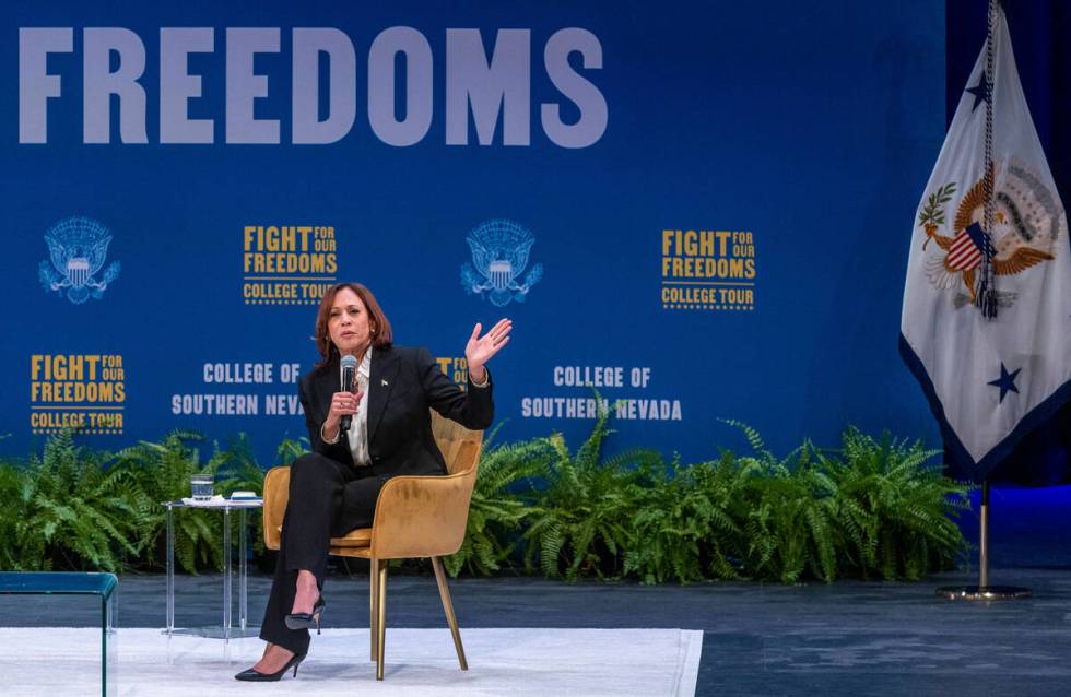 Vice President Kamala Harris speaks during her “Fight for Our Freedoms" College Tou ...