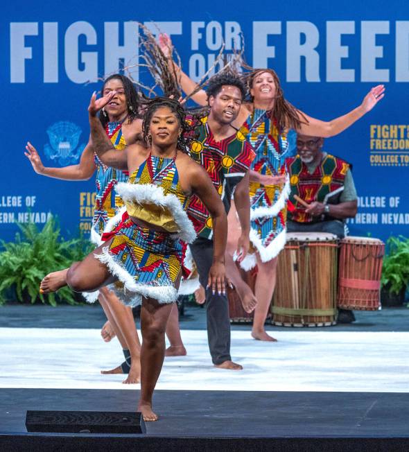 A West African dance and step team performs for the crowd before Vice President Kamala Harris s ...