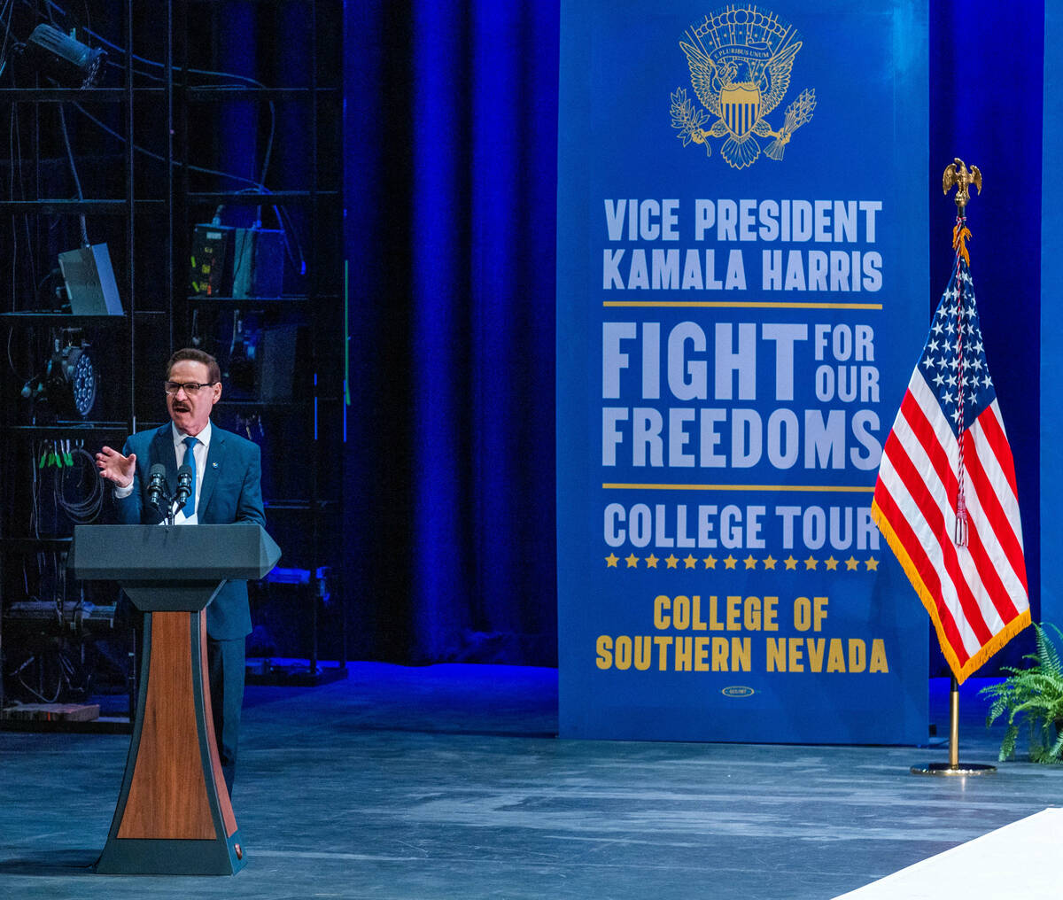 College of Southern Nevada Federico Zaragoza speaks before Vice President Kamala Harris takes t ...