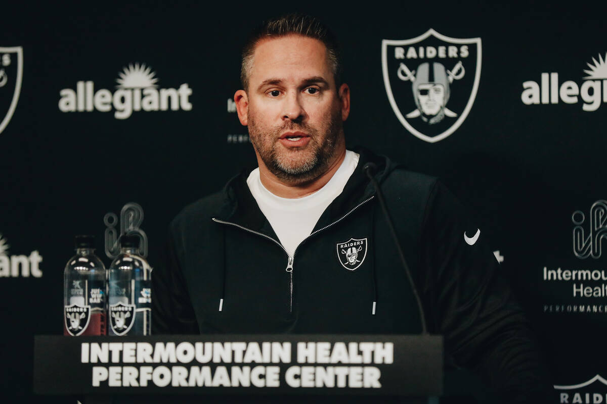 Raiders head football coach Josh McDaniels speaks to the media at the Intermountain Health Perf ...