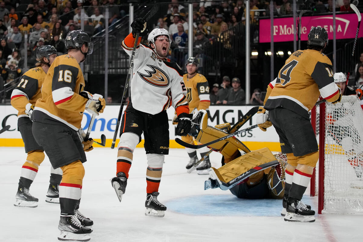 Anaheim Ducks center Mason McTavish (23) celebrates after scoring against the Vegas Golden Knig ...