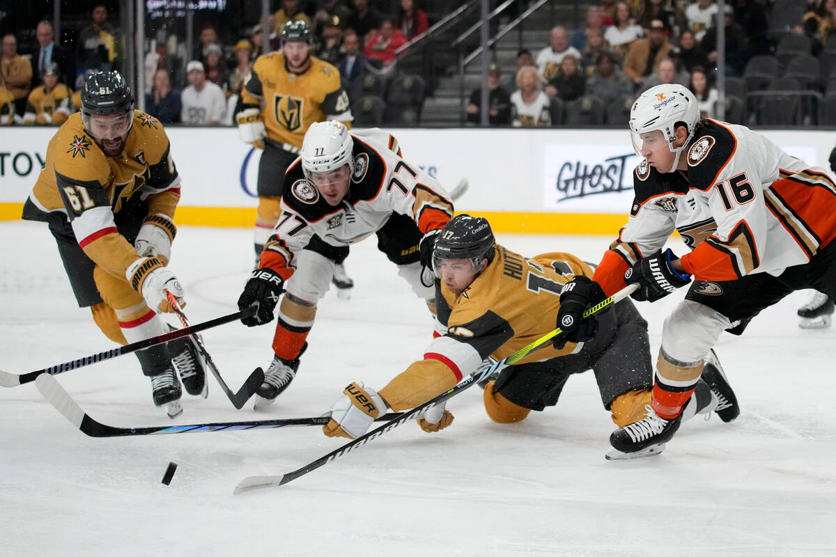 From left, Vegas Golden Knights right wing Mark Stone, Anaheim Ducks right wing Frank Vatrano, ...