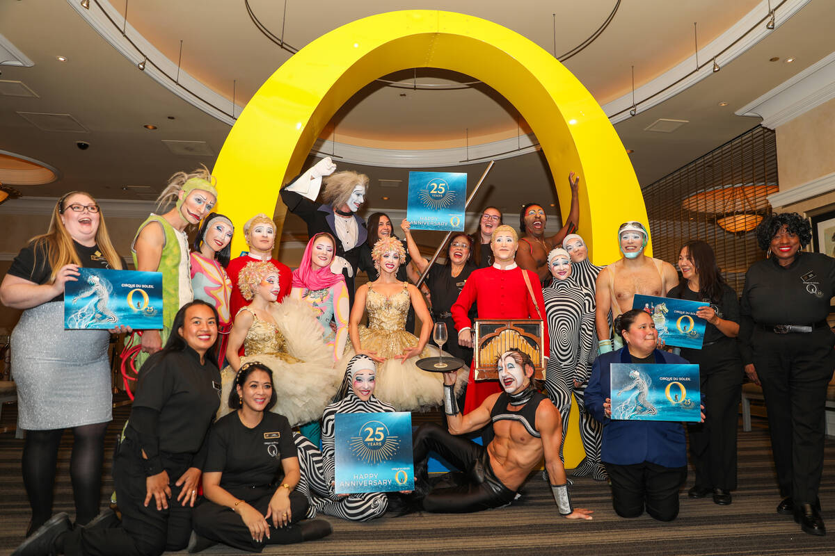 Cirque du Soleil performers after the “O” anniversary parade during Bellagio&#x20 ...