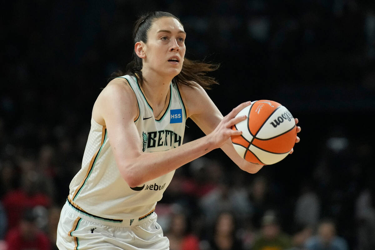 New York Liberty forward Breanna Stewart (30) plays against the Las Vegas Aces in Game 1 of a W ...