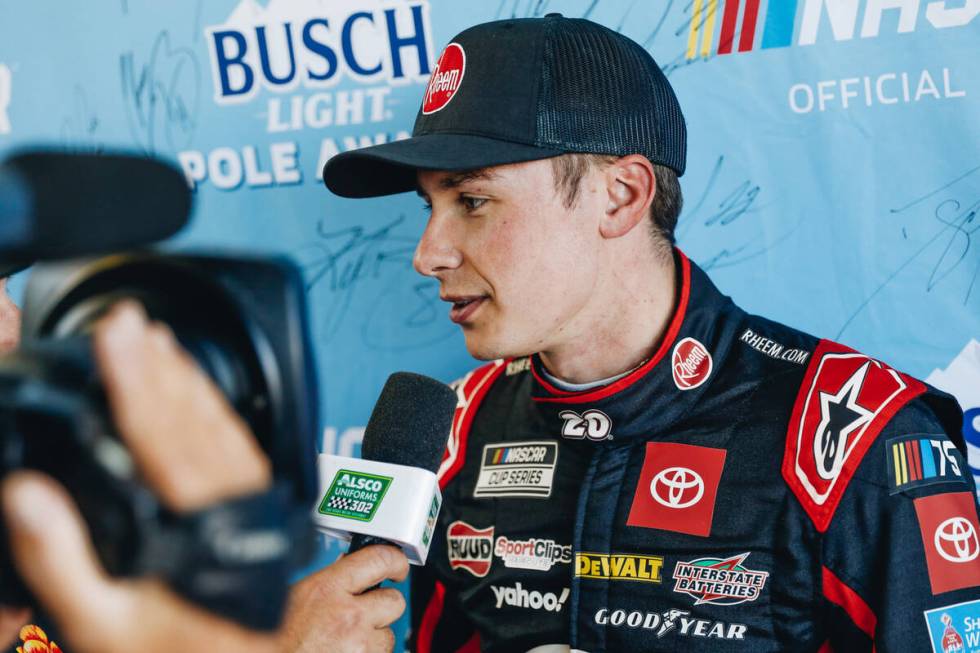 Christopher Bell speaks with the media after winning the pole position for the NASCAR Cup Serie ...