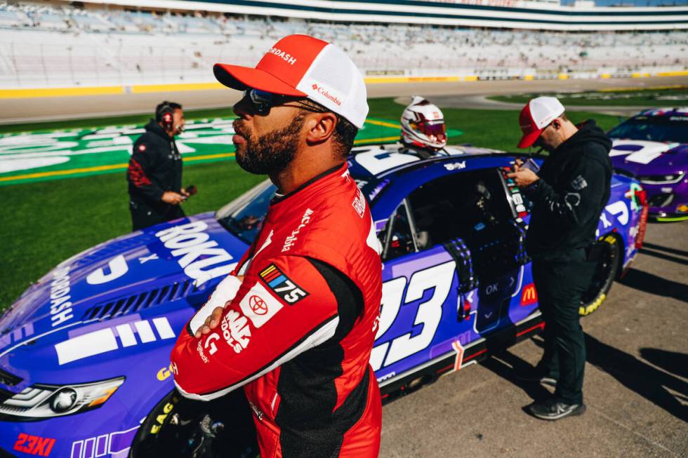 Bubba Wallace gets ready to practice before the NASCAR Cup Series South Point 400 on Sunday at ...