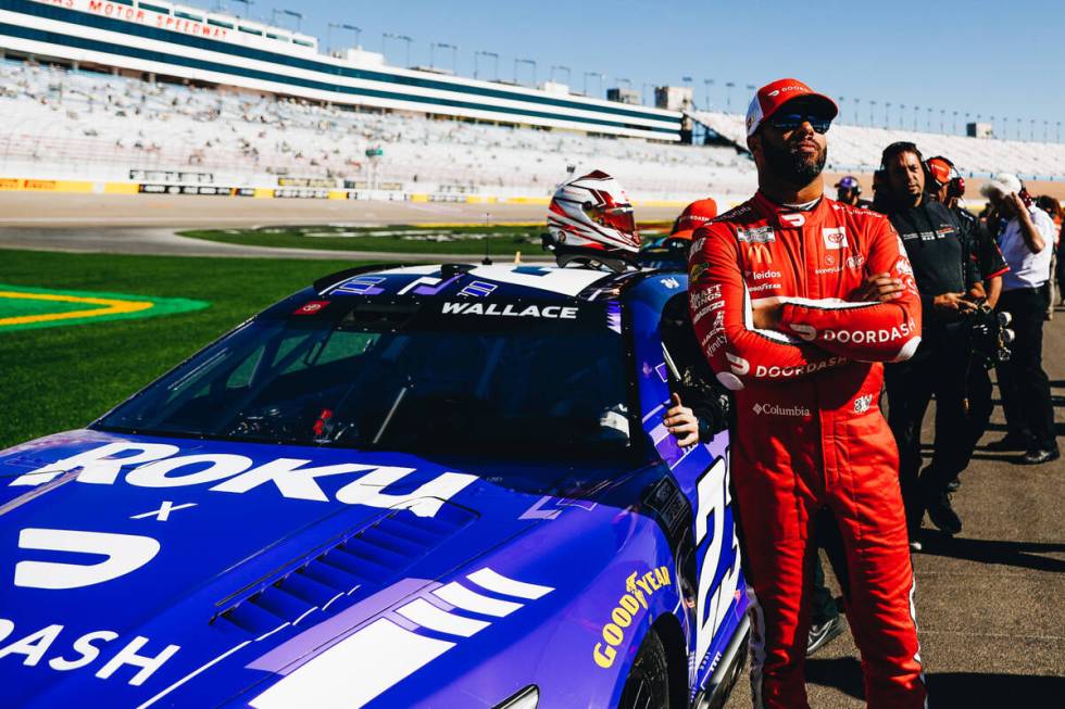 Bubba Wallace gets ready to practice before the NASCAR Cup Series South Point 400 on Sunday at ...