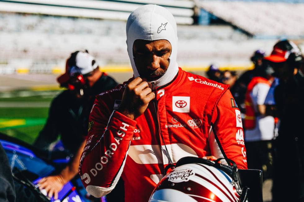 Bubba Wallace gets ready to practice before the NASCAR Cup Series South Point 400 on Sunday at ...