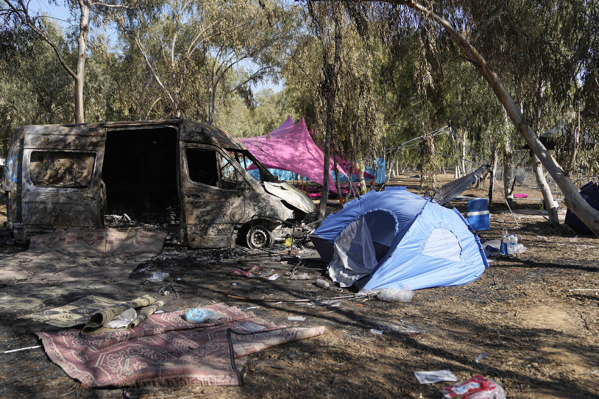 The site of a music festival near the border with the Gaza Strip in southern Israel is seen on ...