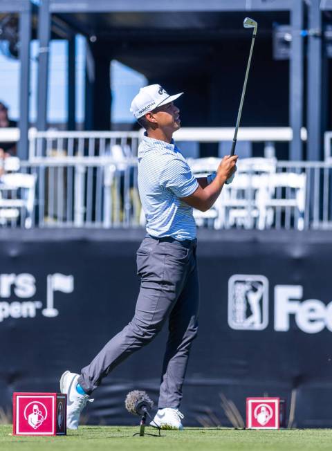 Isaiah Salinda watches his drive from the tee on hole 17 during day 3 play at the Shriners Chil ...