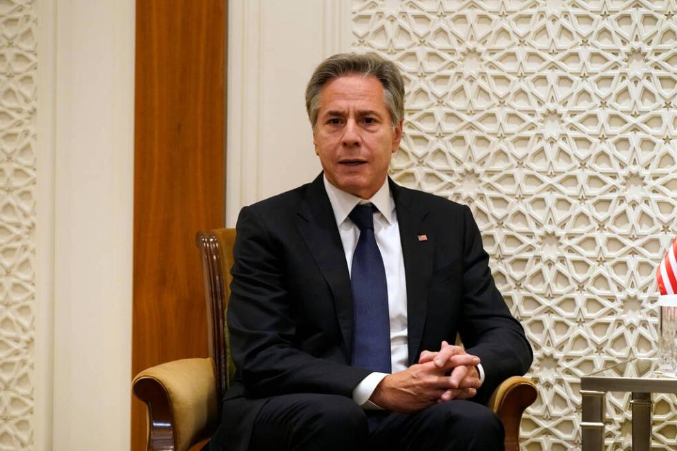 U.S. Secretary of State Antony Blinken talks during his meeting with Saudi Foreign Minister Pri ...