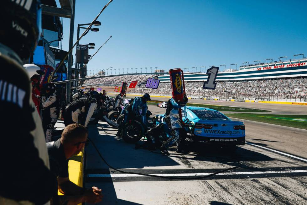 Ross Chastain’s pit crew works on his car during the South Point 400 at the Las Vegas Mo ...