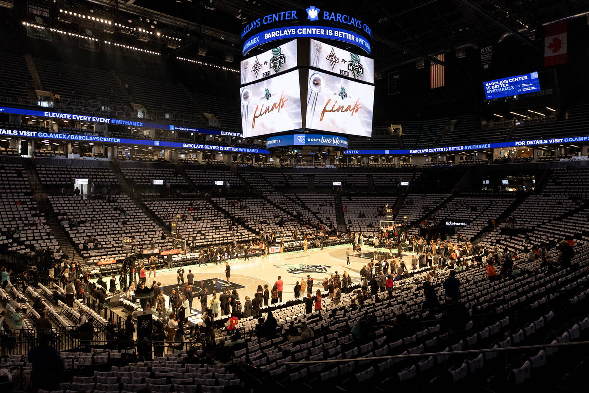 The Las Vegas Aces and the New York Liberty warm up before Game 3 of a WNBA basketball final se ...