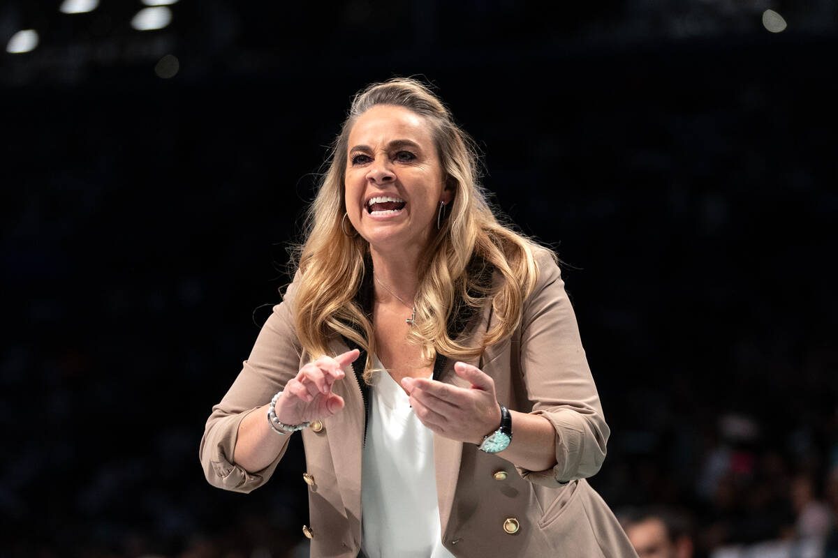 Las Vegas Aces head coach Becky Hammon shouts from the sidelines during the first half in Game ...