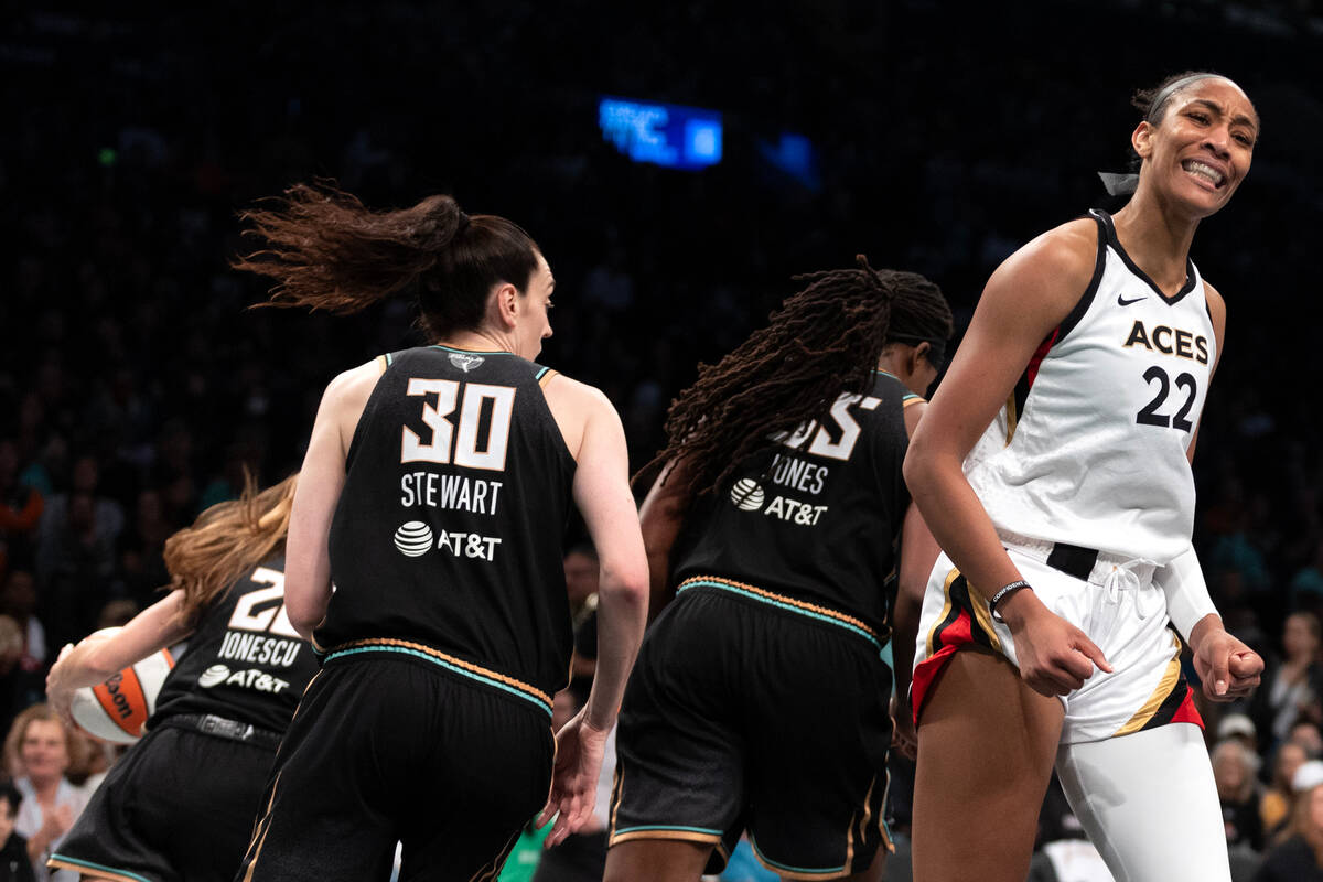 Las Vegas Aces forward A'ja Wilson (22) reacts after a foul was not called and she missed the b ...