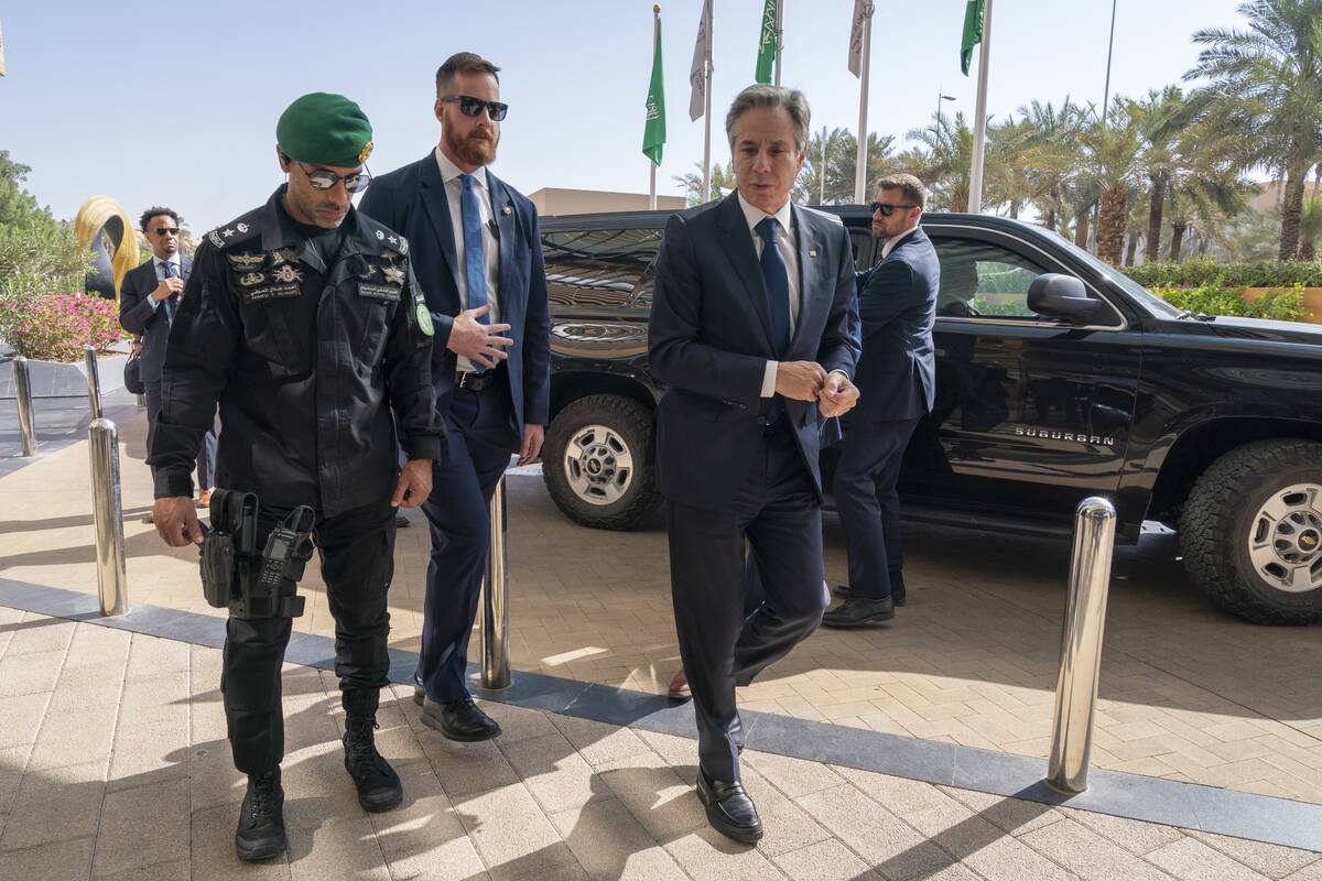 U.S. Secretary of State Antony Blinken returns to his hotel in Riyadh, Saudi Arabia, after meet ...