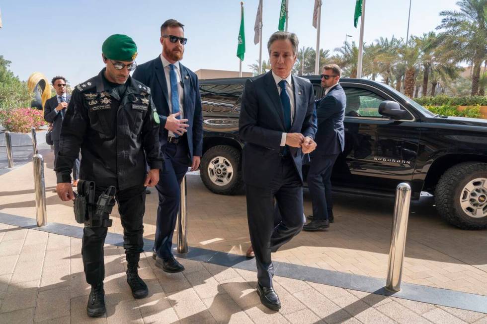 U.S. Secretary of State Antony Blinken returns to his hotel in Riyadh, Saudi Arabia, after meet ...