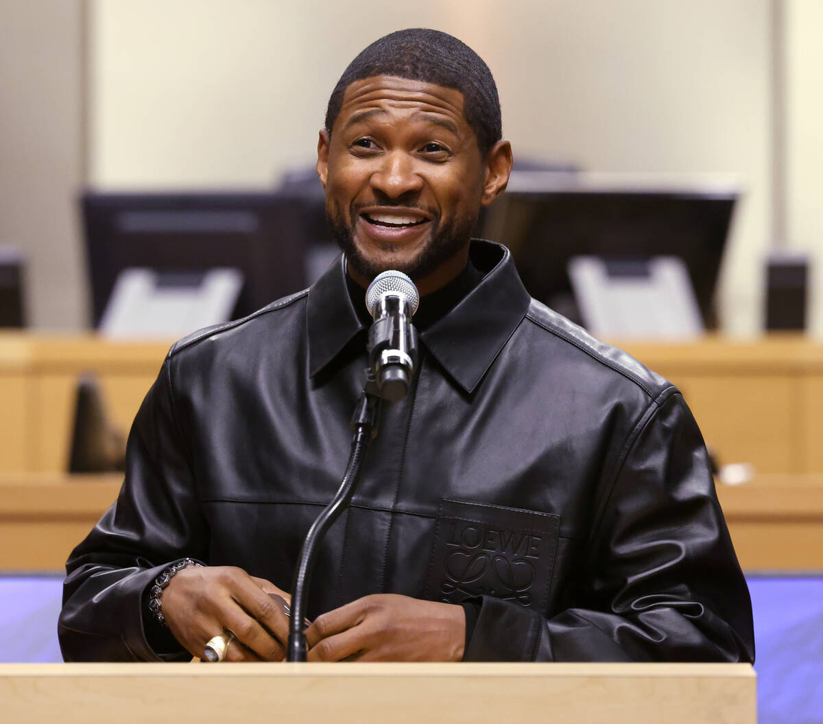 Usher speaks after receiving a key to the City of Las Vegas and a proclamation marking “Usher ...