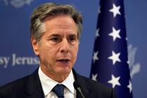 U.S. Secretary of State Antony Blinken speaks in Tel Aviv, Tuesday Oct. 17, 2023, after an over ...