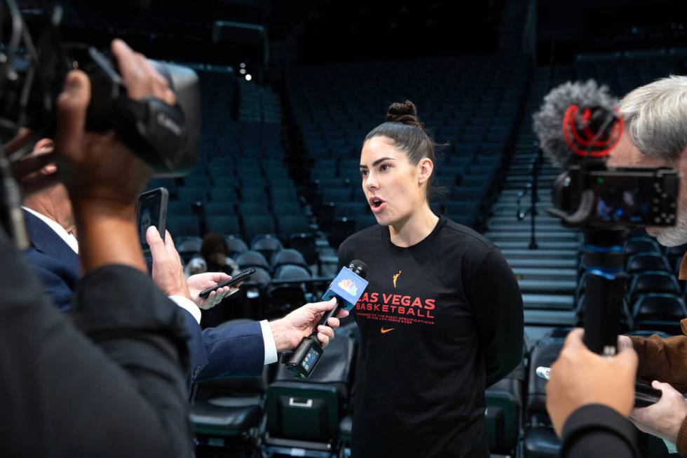 Las Vegas Aces guard Kelsey Plum speaks to reporters during a media availability ahead of Game ...