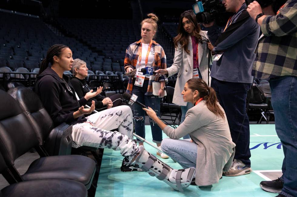 Las Vegas Aces center Kiah Stokes, who obtained a foot injury in Game 3, speaks to reporters du ...
