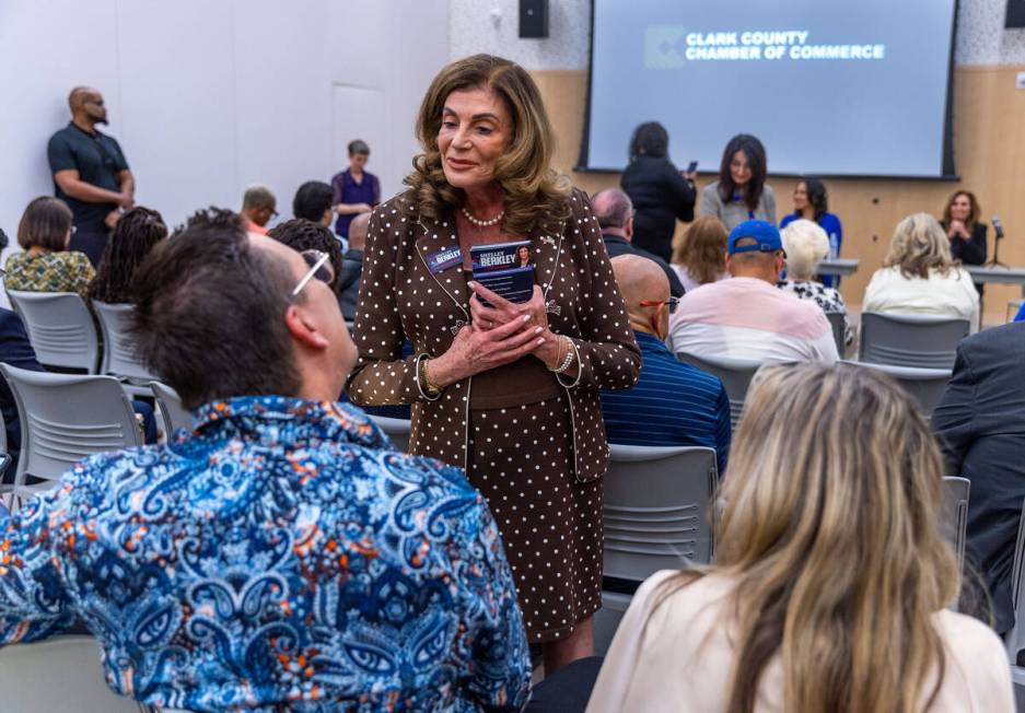 Shelley Berkley greets audience members during a forum at the East Las Vegas Library on Tuesday ...