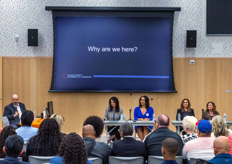 From left, candidates for mayor of Las Vegas Donna Miller, Kara Jenkins, Victoria Seaman and Sh ...