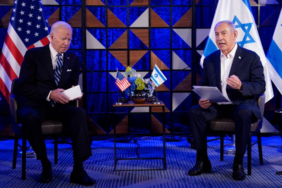 President Joe Biden meets with Israeli Prime Minister Benjamin Netanyahu, Wednesday, Oct. 18, 2 ...