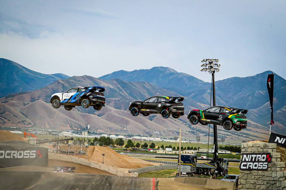 Drivers participate in a Nitrocross race. The Nitrocross 2023-24 series finale is scheduled to ...