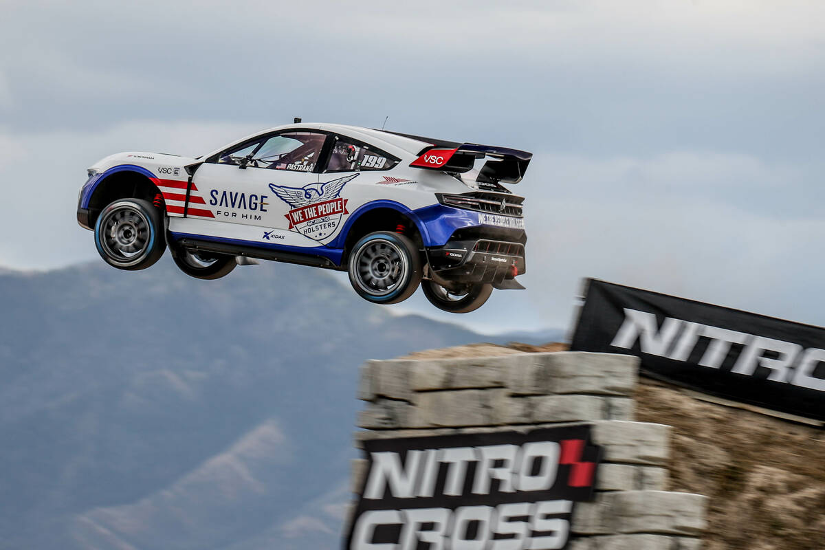 Travis Pastrana takes flight during a Nitrocross race. The Nitrocross 2023-24 series finale is ...
