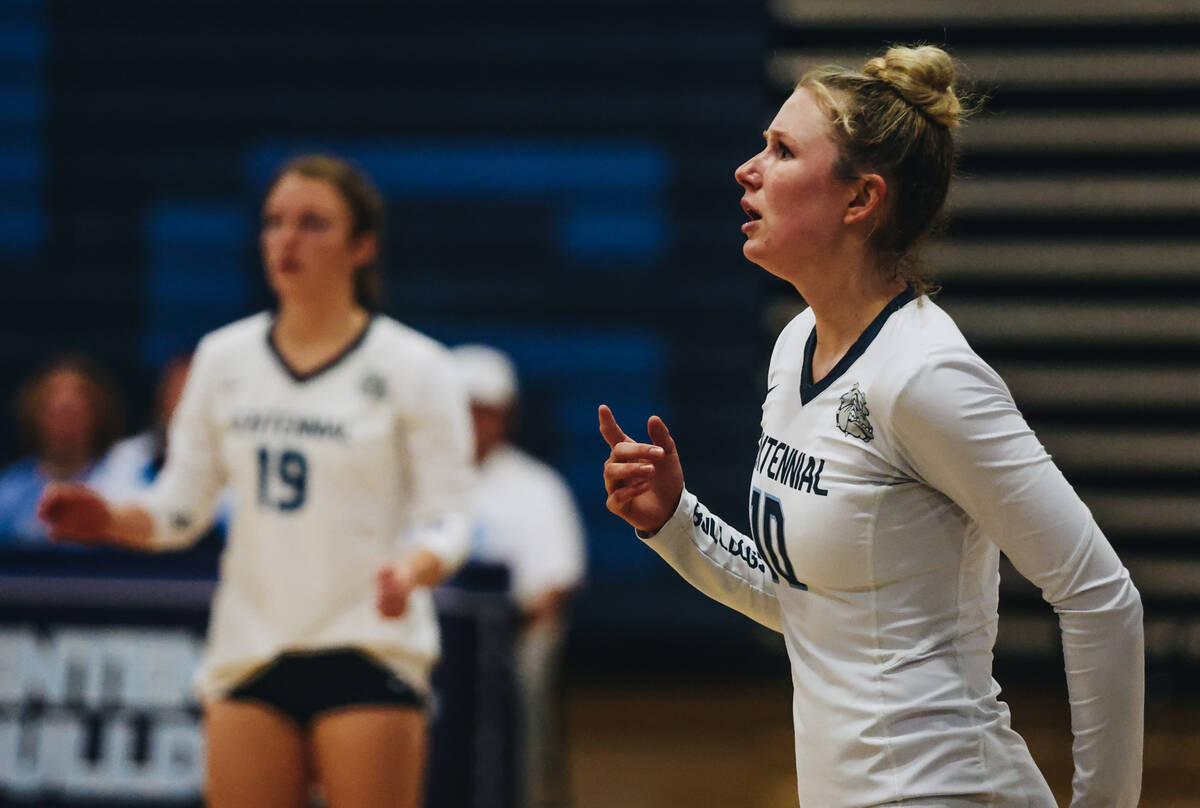 Centennial outside hitter Abby Vlaming reacts to Coronado gaining a point during a game at Cent ...