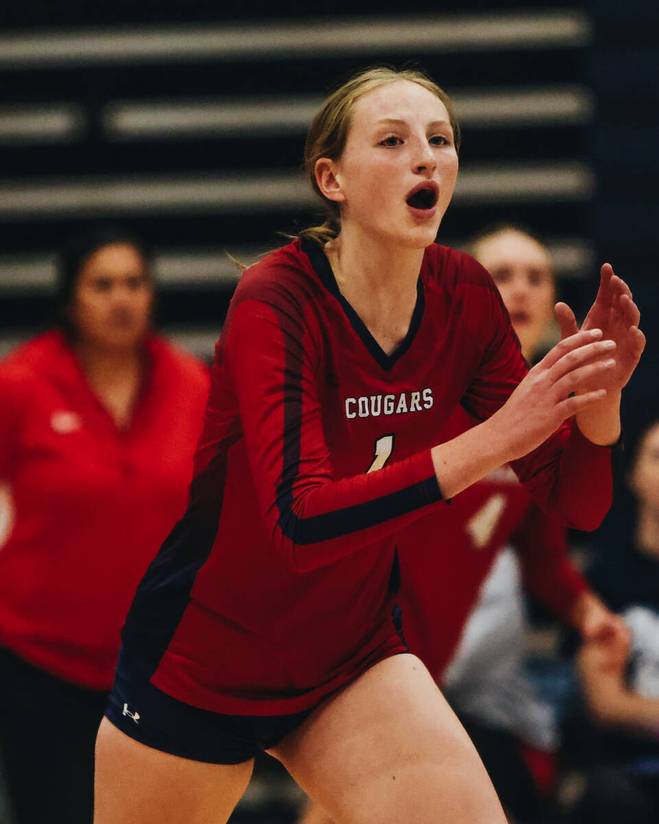 Coronado middle blocker Hannah Wayment (1) yells to a teammate during a game against Centennial ...
