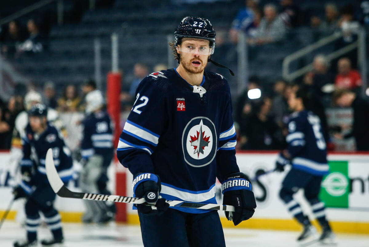 Winnipeg Jets' Mason Appleton (22) warms up prior to an NHL hockey game against the Vegas Golde ...