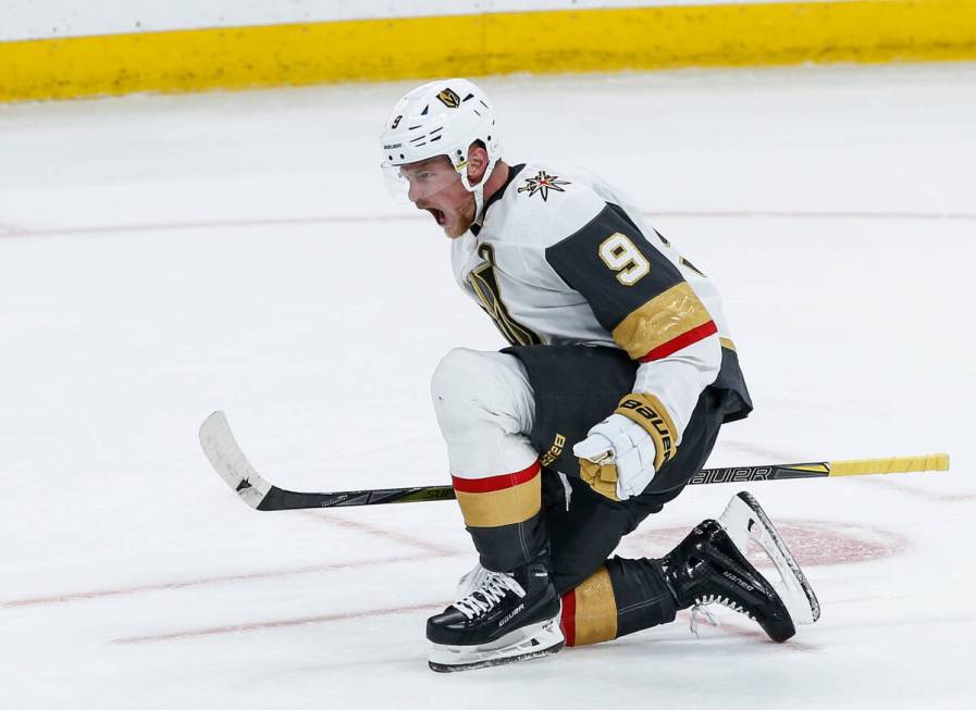 Vegas Golden Knights' Jack Eichel (9) celebrates after his goal against the Winnipeg Jets durin ...