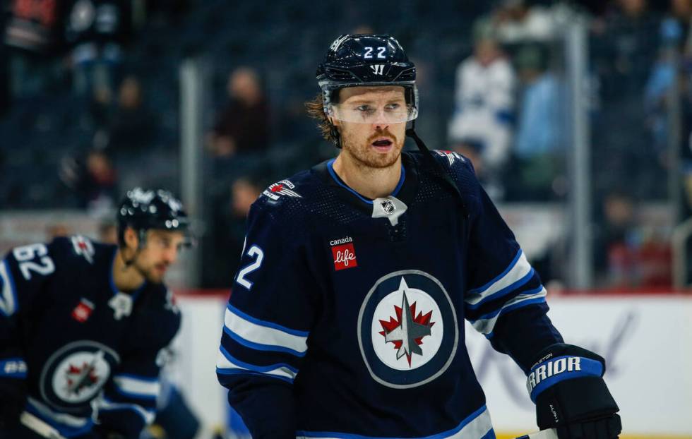 Winnipeg Jets' Mason Appleton (22) warms up prior to an NHL hockey game against the Vegas Golde ...