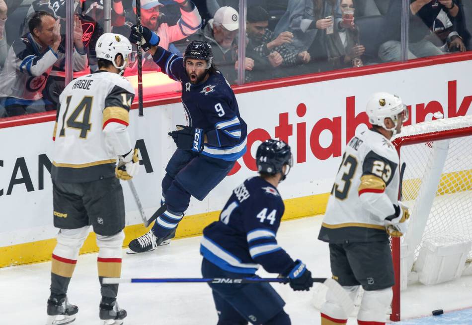 Winnipeg Jets' Alex Iafallo (9) celebrates after his goal against the Vegas Golden Knights duri ...