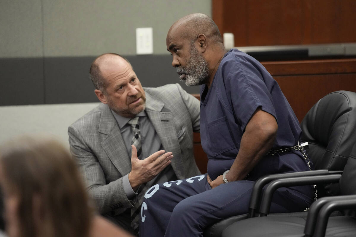 Duane “Keffe D” Davis, right, speaks with attorney Ross Goodman in court Thursday ...